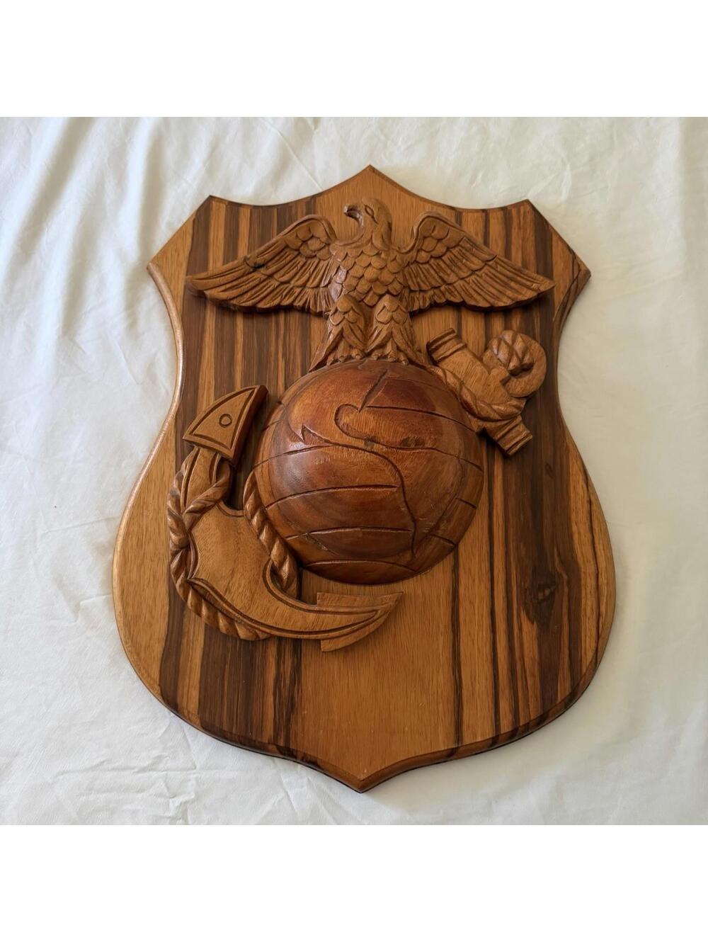 Large Hand Carved USMC EGA Eagle Globe Anchor Wooden Plaque Subic Bay
